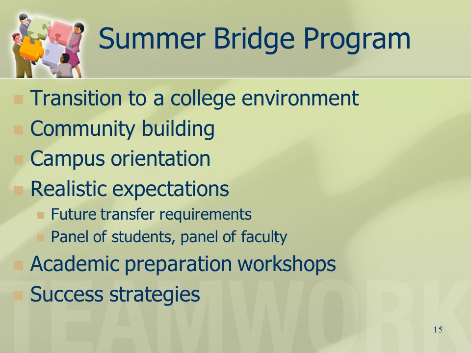 15 Summer Bridge Program Transition to a college environment Community building Campus orientation Realistic expectations Future transfer requirements Panel of students, panel of faculty Academic preparation workshops Success strategies