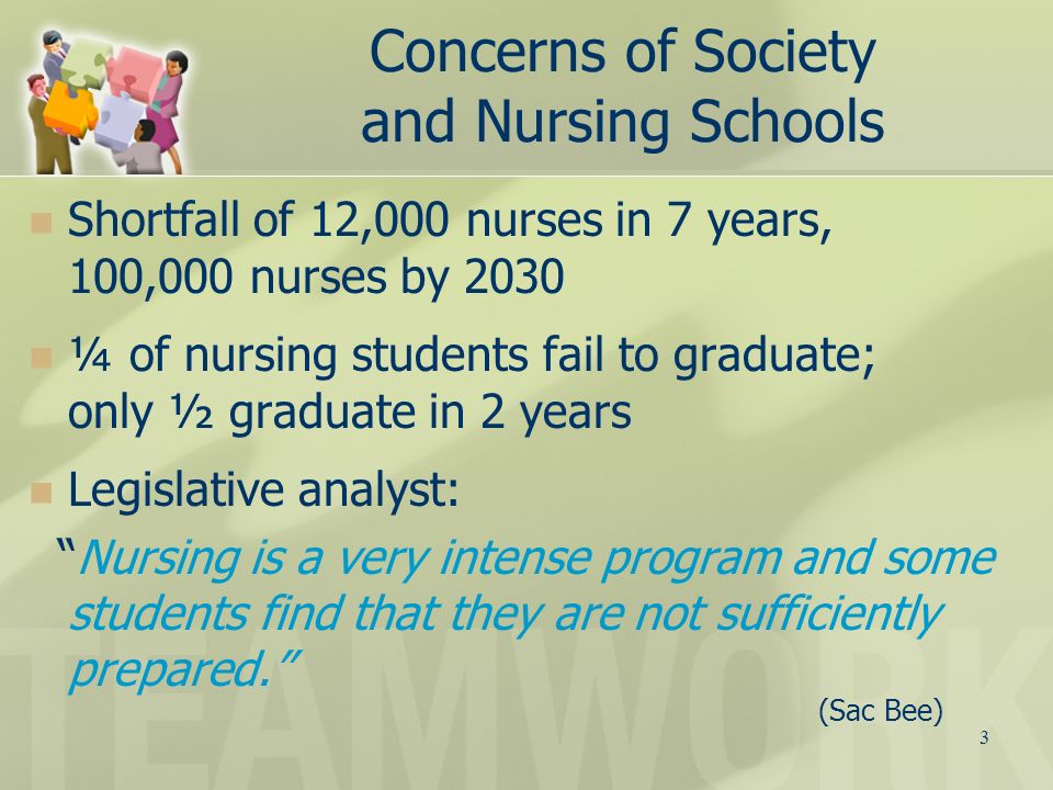 3 Concerns of Society and Nursing Schools Shortfall of 12,000 nurses in 7 years, 100,000 nurses by 2030 ¼ of nursing students fail to graduate; only ½ graduate in 2 years Legislative analyst: Nursing is a very intense program and some students find that they are not sufficiently prepared. (Sac Bee)
