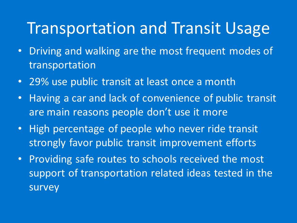 Transportation and Transit Usage Driving and walking are the most frequent modes of transportation 29% use public transit at least once a month Having a car and lack of convenience of public transit are main reasons people don’t use it more High percentage of people who never ride transit strongly favor public transit improvement efforts Providing safe routes to schools received the most support of transportation related ideas tested in the survey