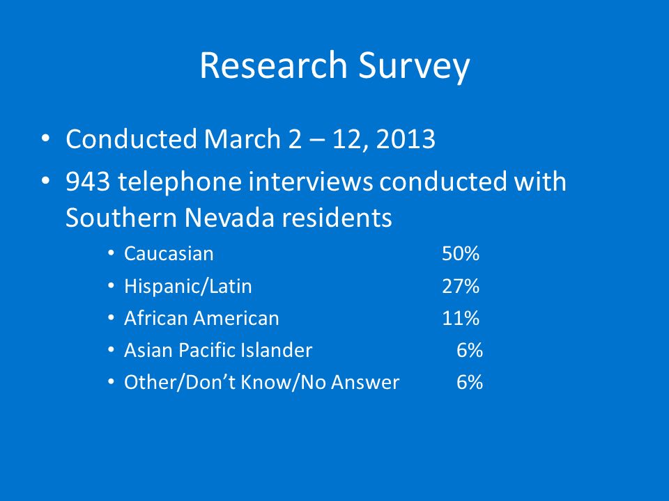 Research Survey Conducted March 2 – 12, telephone interviews conducted with Southern Nevada residents Caucasian50% Hispanic/Latin 27% African American 11% Asian Pacific Islander 6% Other/Don’t Know/No Answer 6%