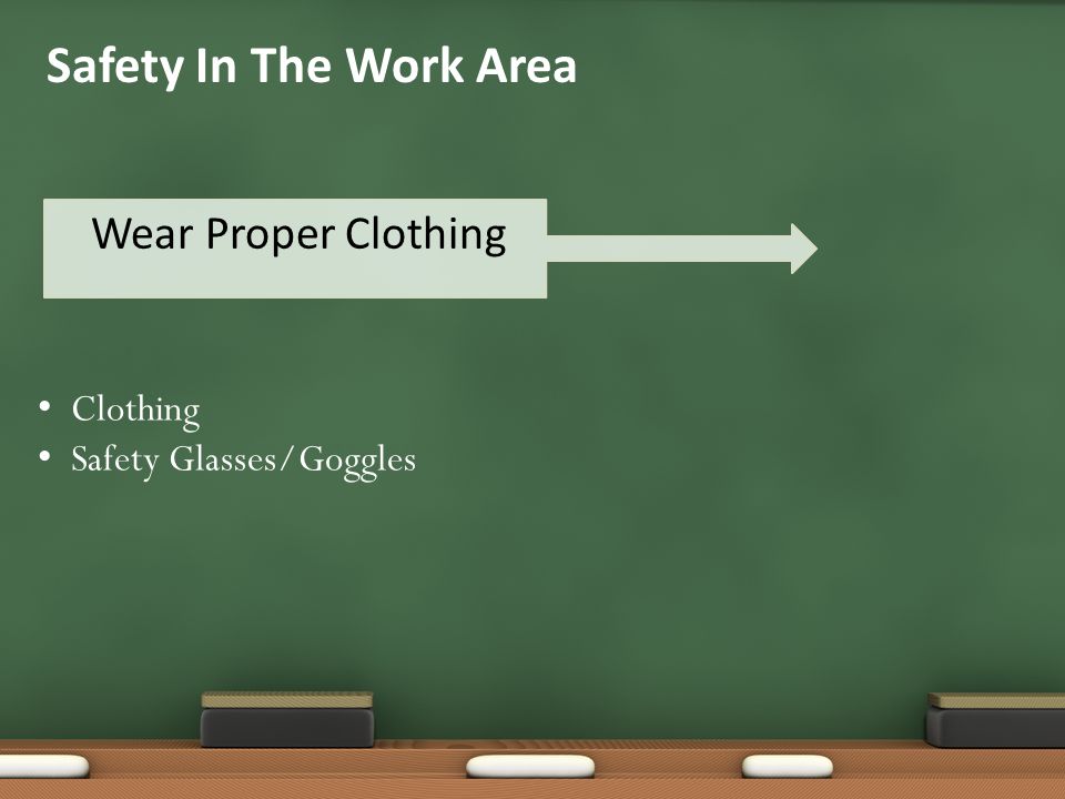 Wear Proper Clothing Safety In The Work Area Clothing Safety Glasses/Goggles