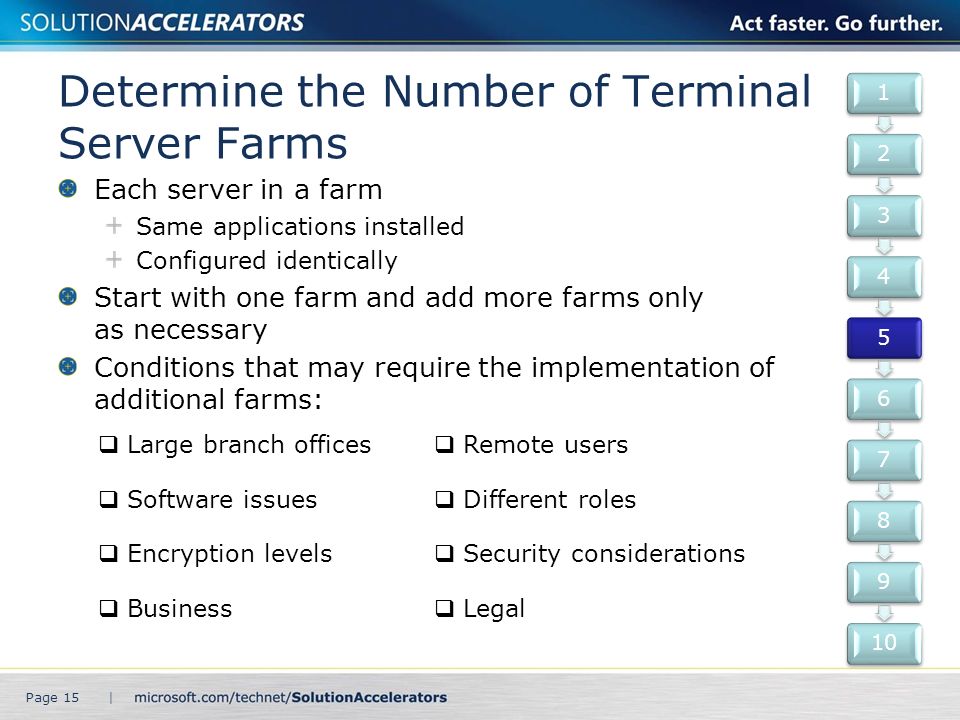 Determine the Number of Terminal Server Farms Each server in a farm Same applications installed Configured identically Start with one farm and add more farms only as necessary Conditions that may require the implementation of additional farms: Page 15 |  Large branch offices  Remote users  Software issues  Different roles  Encryption levels  Security considerations  Business  Legal