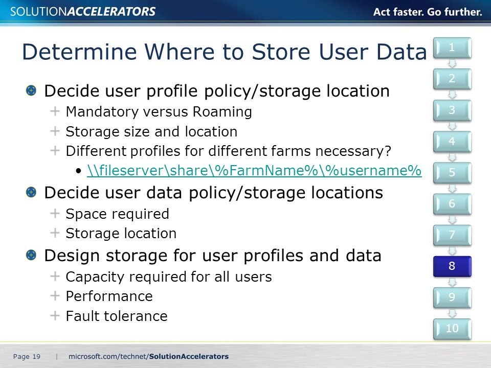 Determine Where to Store User Data Decide user profile policy/storage location Mandatory versus Roaming Storage size and location Different profiles for different farms necessary.