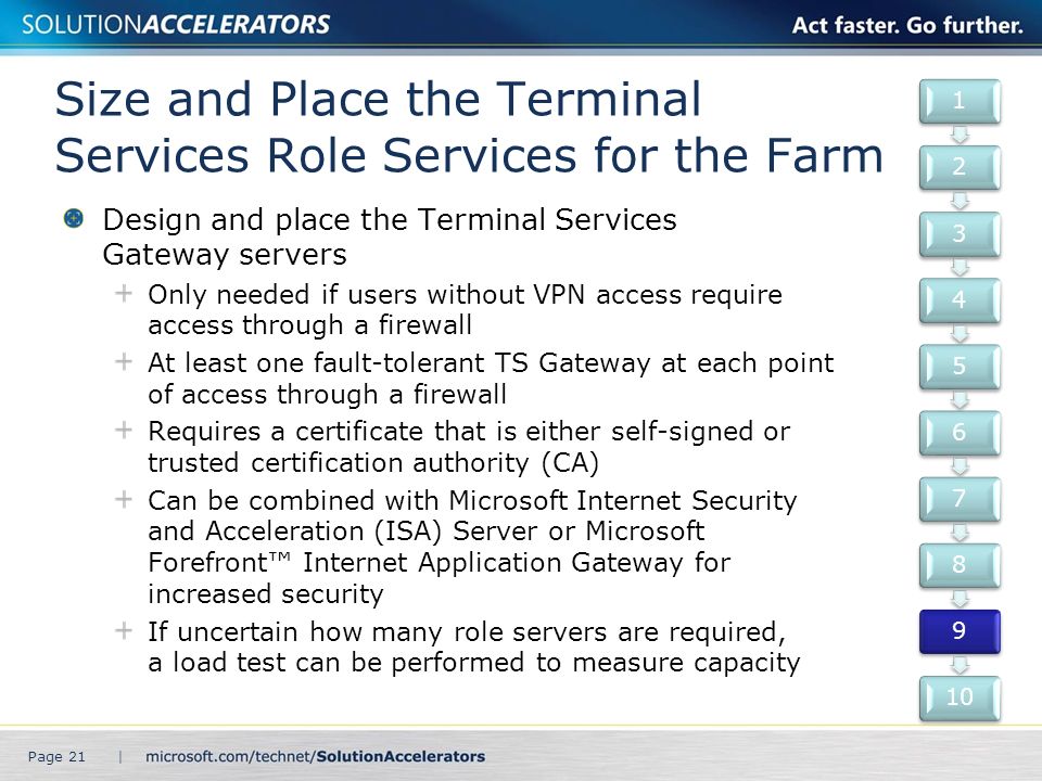 Size and Place the Terminal Services Role Services for the Farm Design and place the Terminal Services Gateway servers Only needed if users without VPN access require access through a firewall At least one fault-tolerant TS Gateway at each point of access through a firewall Requires a certificate that is either self-signed or trusted certification authority (CA) Can be combined with Microsoft Internet Security and Acceleration (ISA) Server or Microsoft Forefront™ Internet Application Gateway for increased security If uncertain how many role servers are required, a load test can be performed to measure capacity Page 21 |