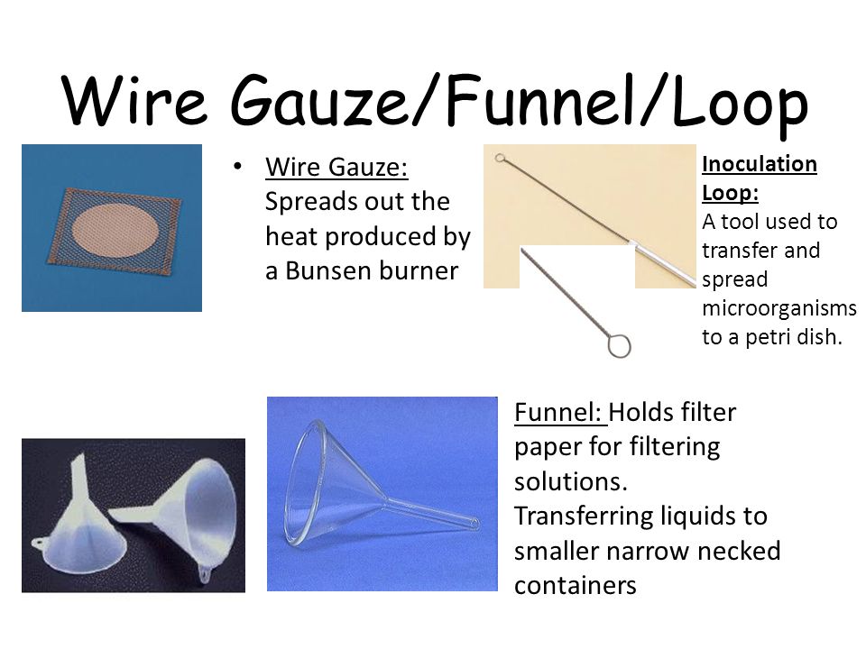 Wire Gauze/Funnel/Loop Wire Gauze: Spreads out the heat produced by a Bunsen burner Funnel: Holds filter paper for filtering solutions.