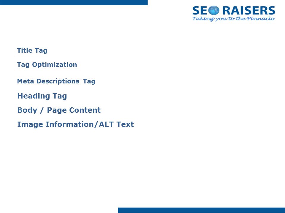 Tag Optimization Title Tag Meta Descriptions Tag Heading Tag Body / Page Content Image Information/ALT Text