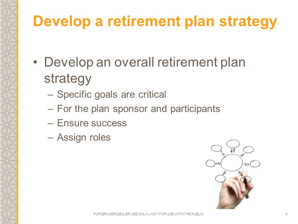 5 Develop a retirement plan strategy Develop an overall retirement plan strategy –Specific goals are critical –For the plan sponsor and participants –Ensure success –Assign roles FOR BROKER/DEALER USE ONLY—NOT FOR USE WITH THE PUBLIC