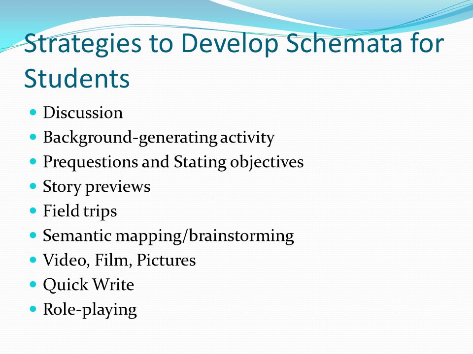 Strategies to Develop Schemata for Students Discussion Background-generating activity Prequestions and Stating objectives Story previews Field trips Semantic mapping/brainstorming Video, Film, Pictures Quick Write Role-playing