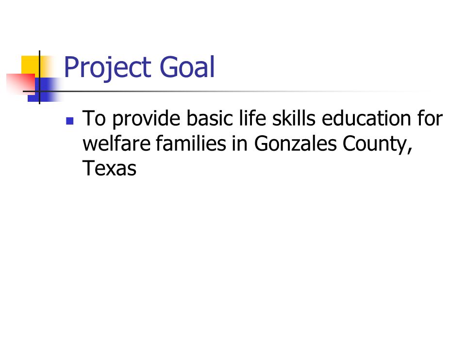 Project Goal To provide basic life skills education for welfare families in Gonzales County, Texas