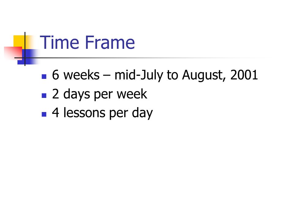 Time Frame 6 weeks – mid-July to August, days per week 4 lessons per day