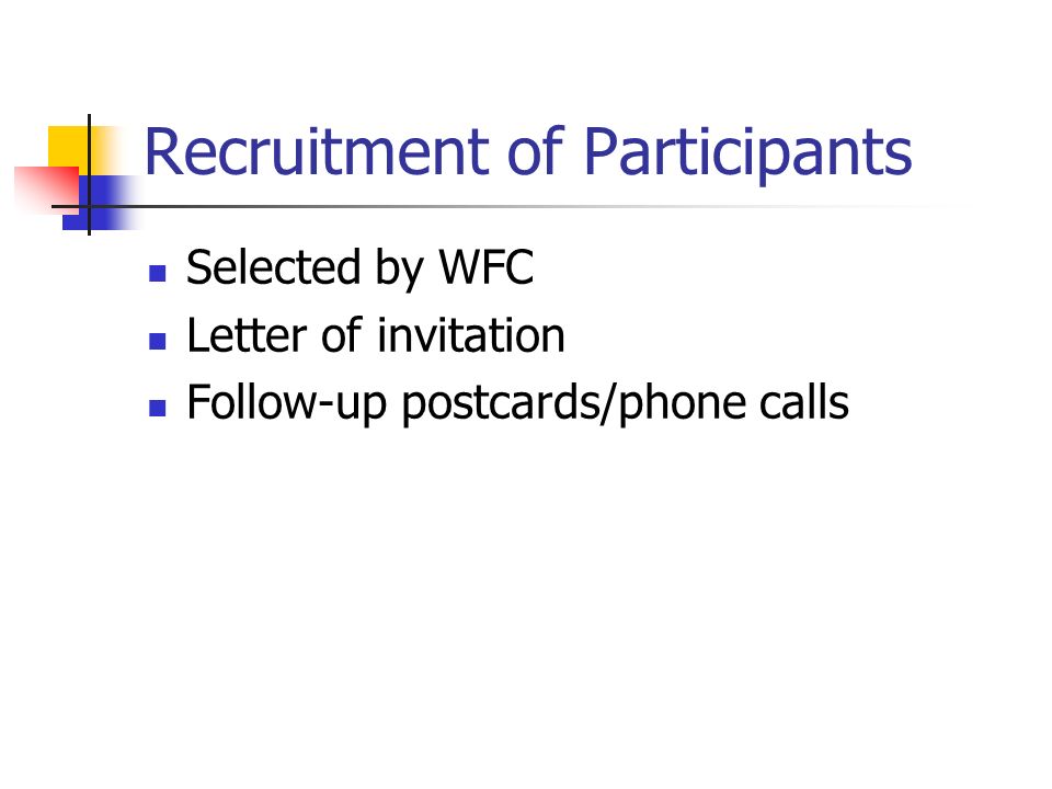 Recruitment of Participants Selected by WFC Letter of invitation Follow-up postcards/phone calls