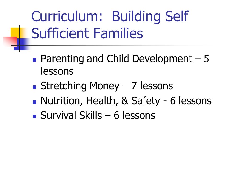 Curriculum: Building Self Sufficient Families Parenting and Child Development – 5 lessons Stretching Money – 7 lessons Nutrition, Health, & Safety - 6 lessons Survival Skills – 6 lessons