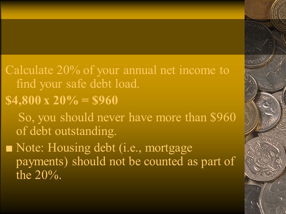 Calculate 20% of your annual net income to find your safe debt load.
