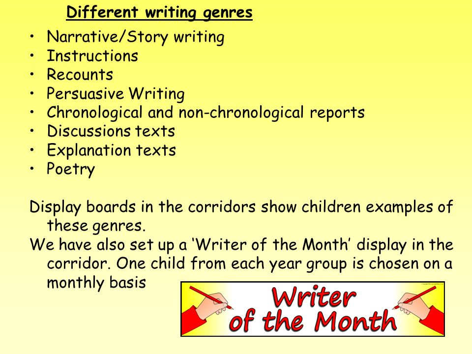 Different writing genres Narrative/Story writing Instructions Recounts Persuasive Writing Chronological and non-chronological reports Discussions texts Explanation texts Poetry Display boards in the corridors show children examples of these genres.