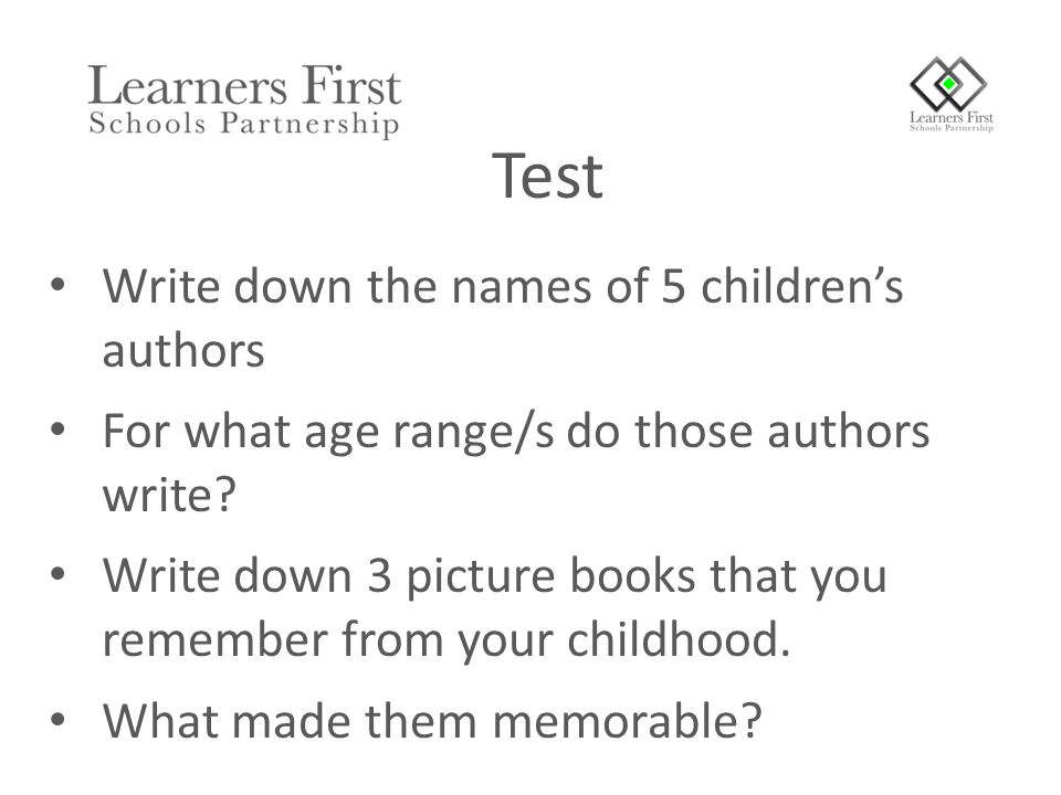 Write down the names of 5 children’s authors For what age range/s do those authors write.