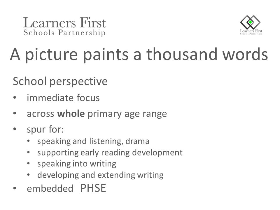 School perspective immediate focus across whole primary age range spur for: speaking and listening, drama supporting early reading development speaking into writing developing and extending writing embedded PHSE A picture paints a thousand words