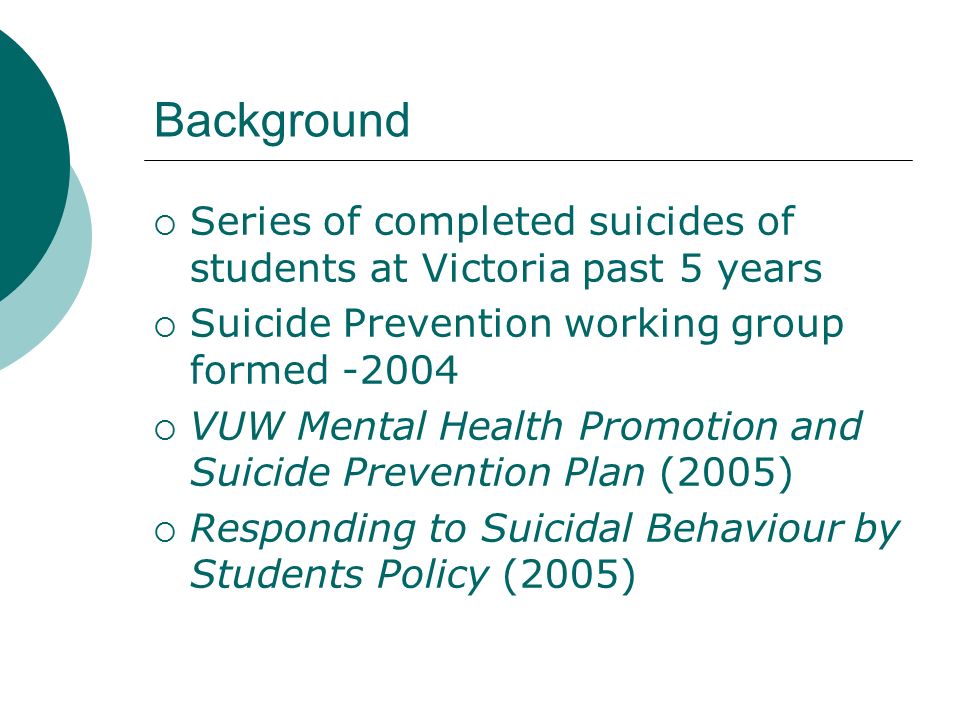 Background  Series of completed suicides of students at Victoria past 5 years  Suicide Prevention working group formed  VUW Mental Health Promotion and Suicide Prevention Plan (2005)  Responding to Suicidal Behaviour by Students Policy (2005)