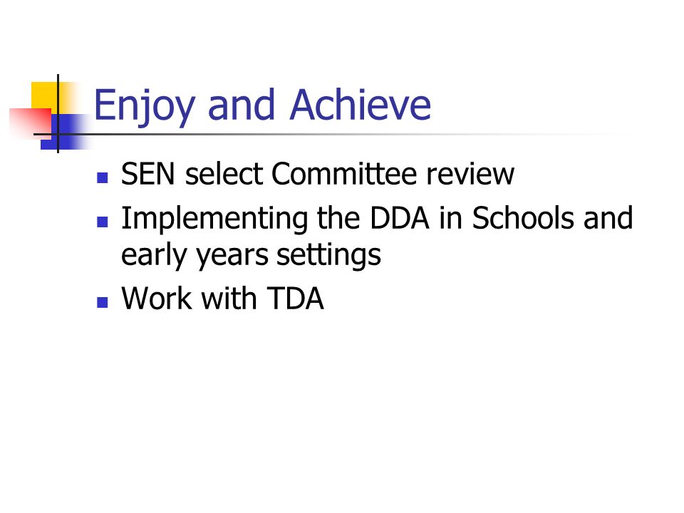 Enjoy and Achieve SEN select Committee review Implementing the DDA in Schools and early years settings Work with TDA
