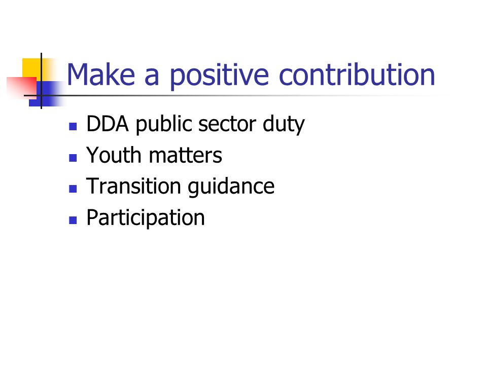 Make a positive contribution DDA public sector duty Youth matters Transition guidance Participation