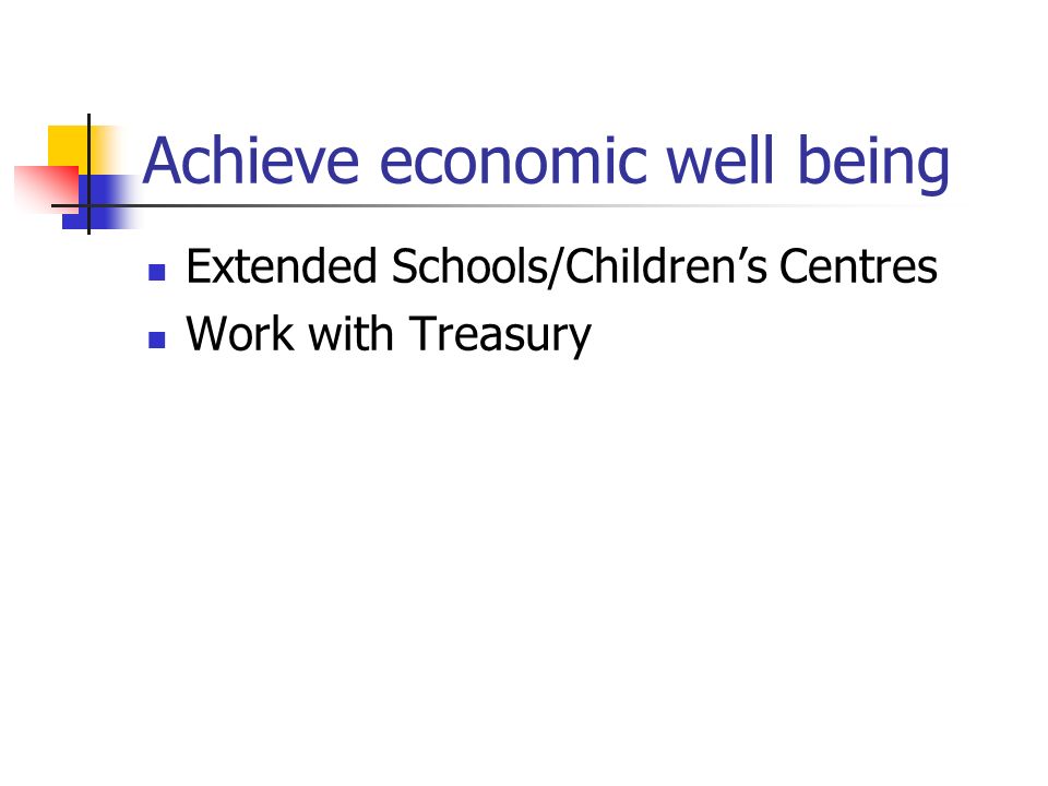 Achieve economic well being Extended Schools/Children’s Centres Work with Treasury
