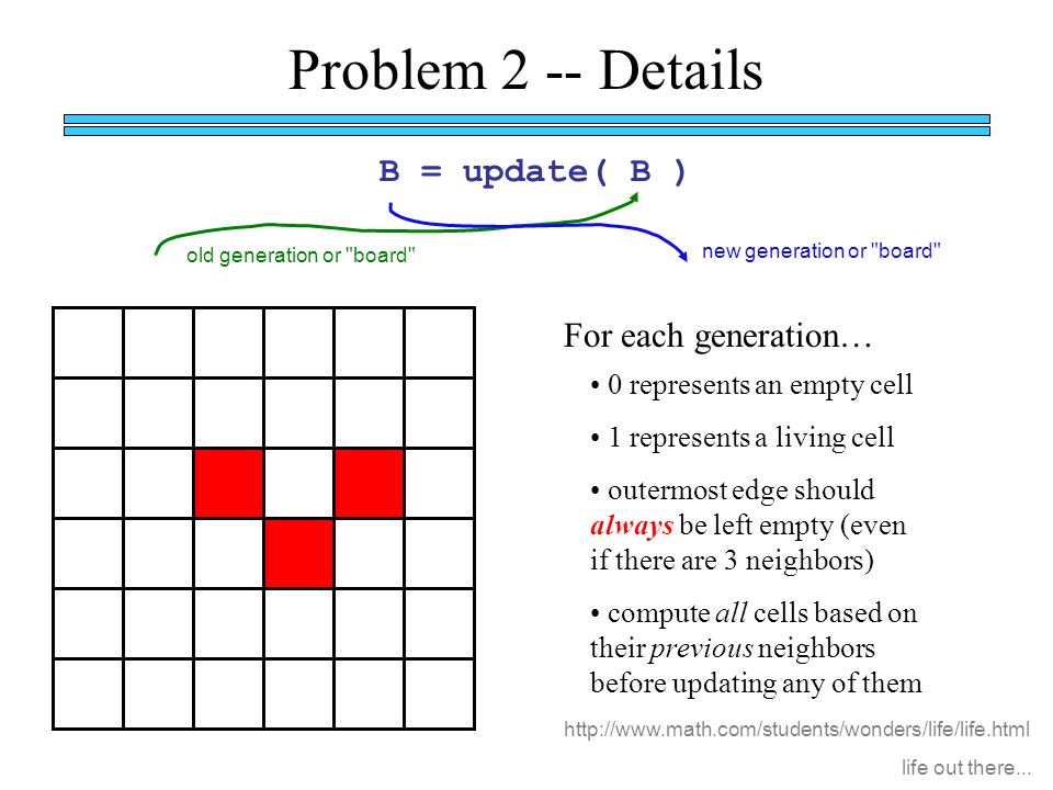 Problem 2 -- Details For each generation… 0 represents an empty cell 1 represents a living cell outermost edge should always be left empty (even if there are 3 neighbors) compute all cells based on their previous neighbors before updating any of them   life out there...