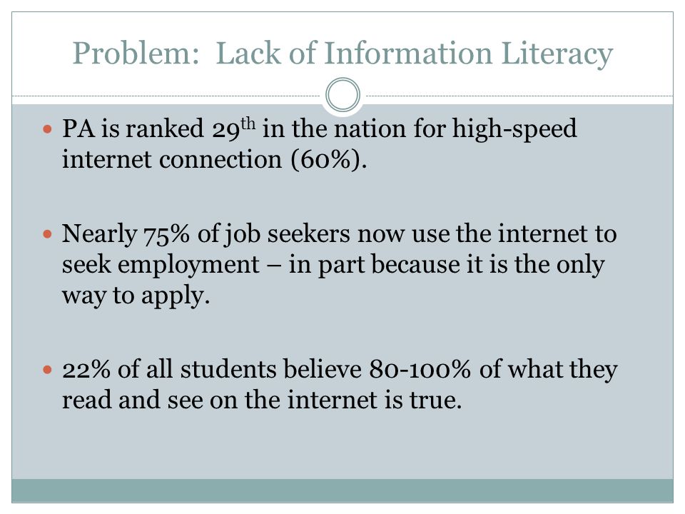 Problem: Lack of Information Literacy PA is ranked 29 th in the nation for high-speed internet connection (60%).