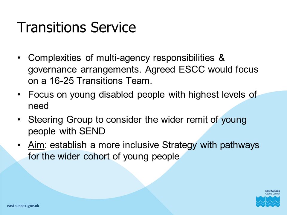 Transitions Service Complexities of multi-agency responsibilities & governance arrangements.