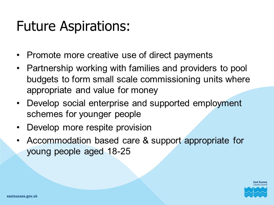 Future Aspirations: Promote more creative use of direct payments Partnership working with families and providers to pool budgets to form small scale commissioning units where appropriate and value for money Develop social enterprise and supported employment schemes for younger people Develop more respite provision Accommodation based care & support appropriate for young people aged 18-25