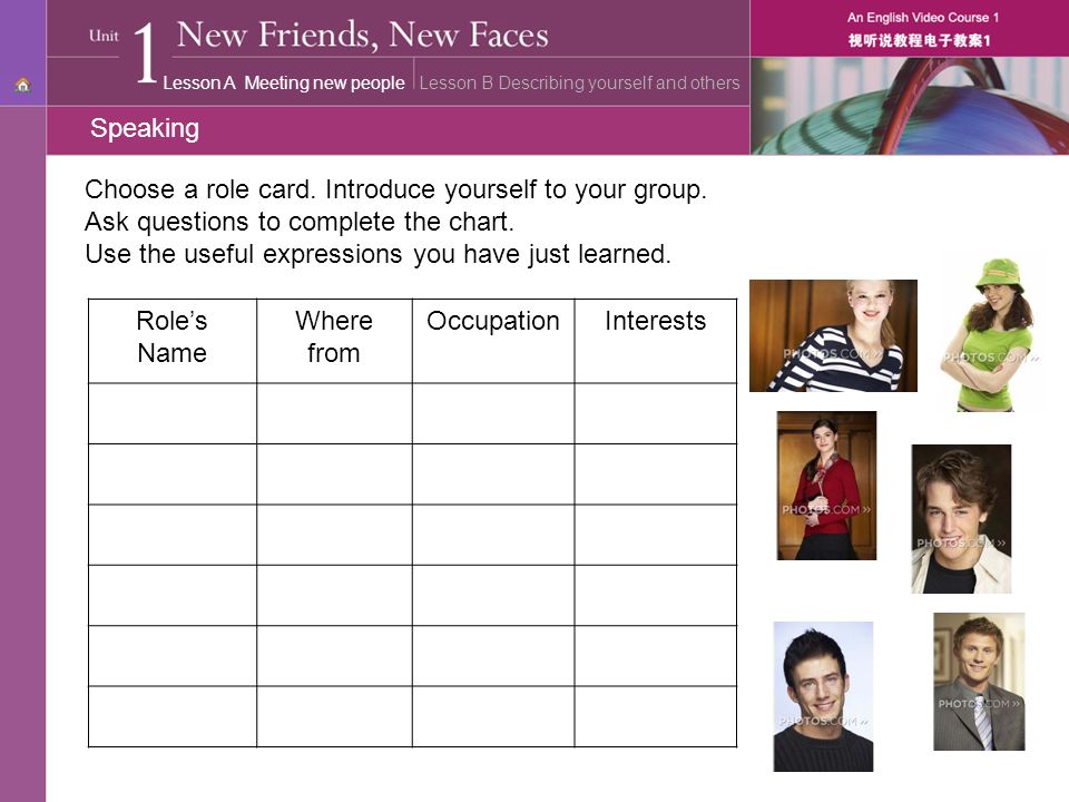 Speaking Choose a role card. Introduce yourself to your group.