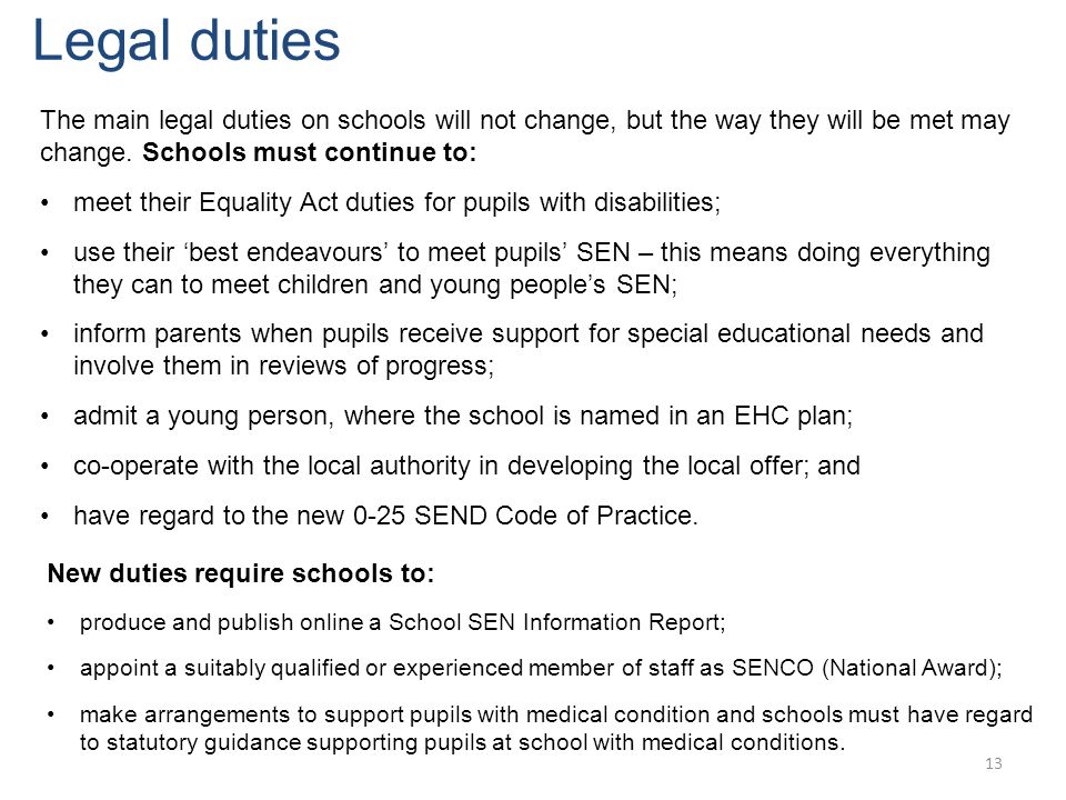 13 The main legal duties on schools will not change, but the way they will be met may change.