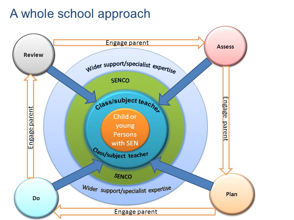 External support e e c c Child or young Persons with SEN Review Assess Do Plan A whole school approach Engage parent