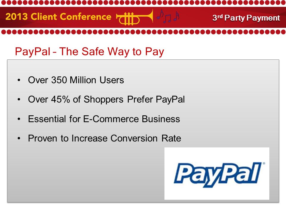 PayPal – The Safe Way to Pay Over 350 Million Users Over 45% of Shoppers Prefer PayPal Essential for E-Commerce Business Proven to Increase Conversion Rate 3 rd Party Payment Integration 3 rd Party Payment