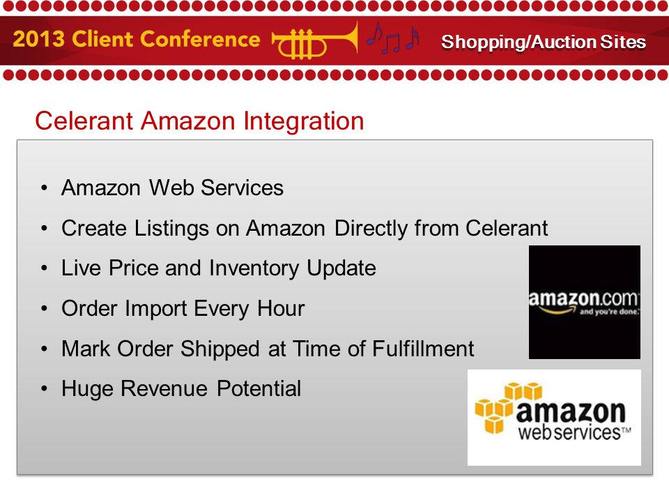 Celerant Amazon Integration Amazon Web Services Create Listings on Amazon Directly from Celerant Live Price and Inventory Update Order Import Every Hour Mark Order Shipped at Time of Fulfillment Huge Revenue Potential Amazon and eBay Integration Shopping/Auction Sites