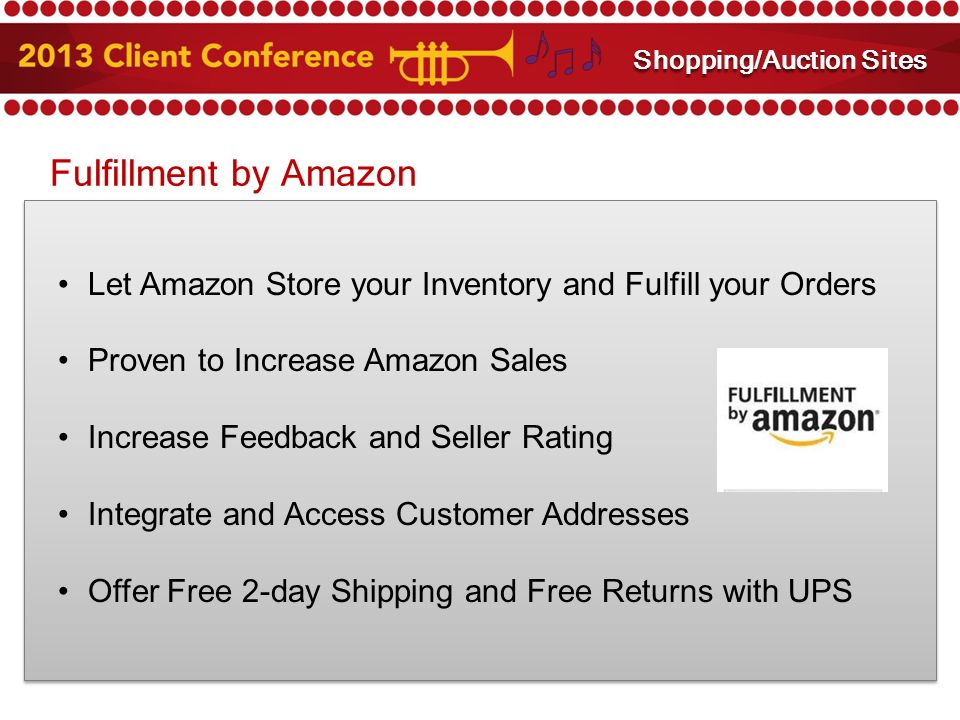 Fulfillment by Amazon Let Amazon Store your Inventory and Fulfill your Orders Proven to Increase Amazon Sales Increase Feedback and Seller Rating Integrate and Access Customer Addresses Offer Free 2-day Shipping and Free Returns with UPS Amazon and eBay Integration Shopping/Auction Sites