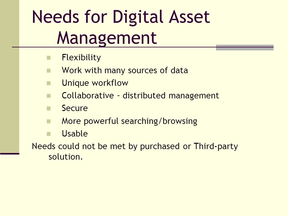 Needs for Digital Asset Management Flexibility Work with many sources of data Unique workflow Collaborative – distributed management Secure More powerful searching/browsing Usable Needs could not be met by purchased or Third-party solution.