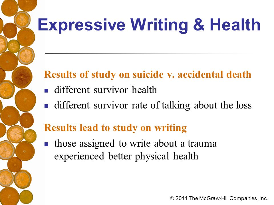 © 2011 The McGraw-Hill Companies, Inc. Expressive Writing & Health Results of study on suicide v.