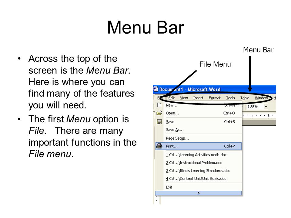 Menu Bar Across the top of the screen is the Menu Bar.