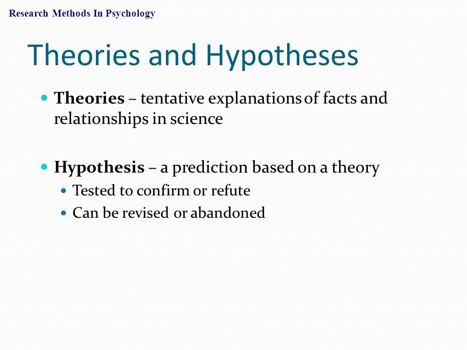 Theories and Hypotheses Theories – tentative explanations of facts and relationships in science Hypothesis – a prediction based on a theory Tested to confirm or refute Can be revised or abandoned Research Methods In Psychology