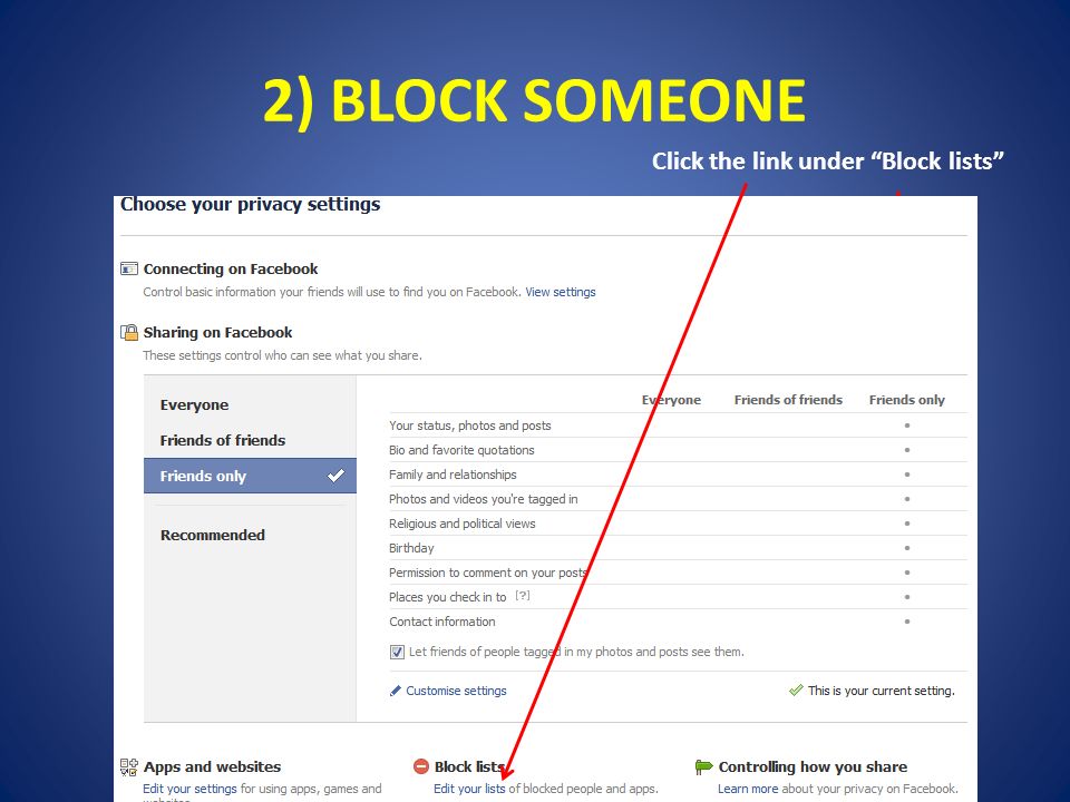 2) BLOCK SOMEONE Click the link under Block lists