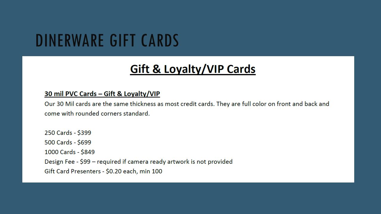 DINERWARE GIFT CARDS