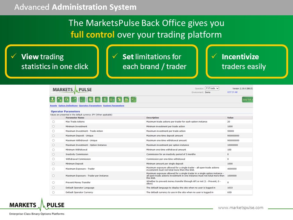 Advanced Administration System The MarketsPulse Back Office gives you full control over your trading platform View trading statistics in one click Set limitations for each brand / trader Incentivize traders easily