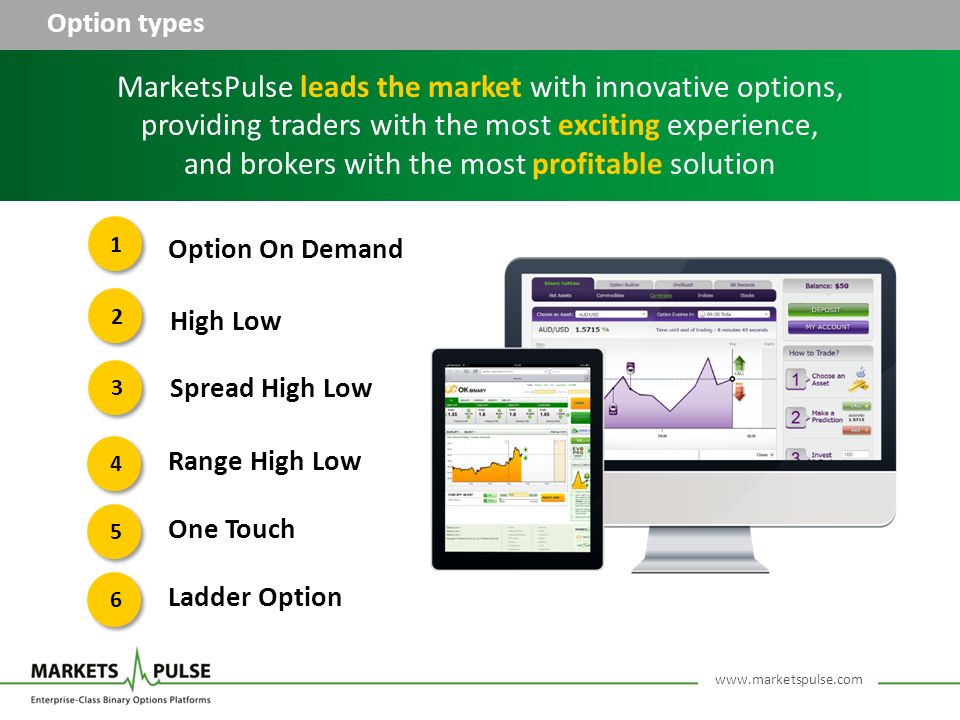 Option types MarketsPulse leads the market with innovative options, providing traders with the most exciting experience, and brokers with the most profitable solution Range High Low High Low Spread High Low Option On Demand 4 5 One Touch 6 Ladder Option