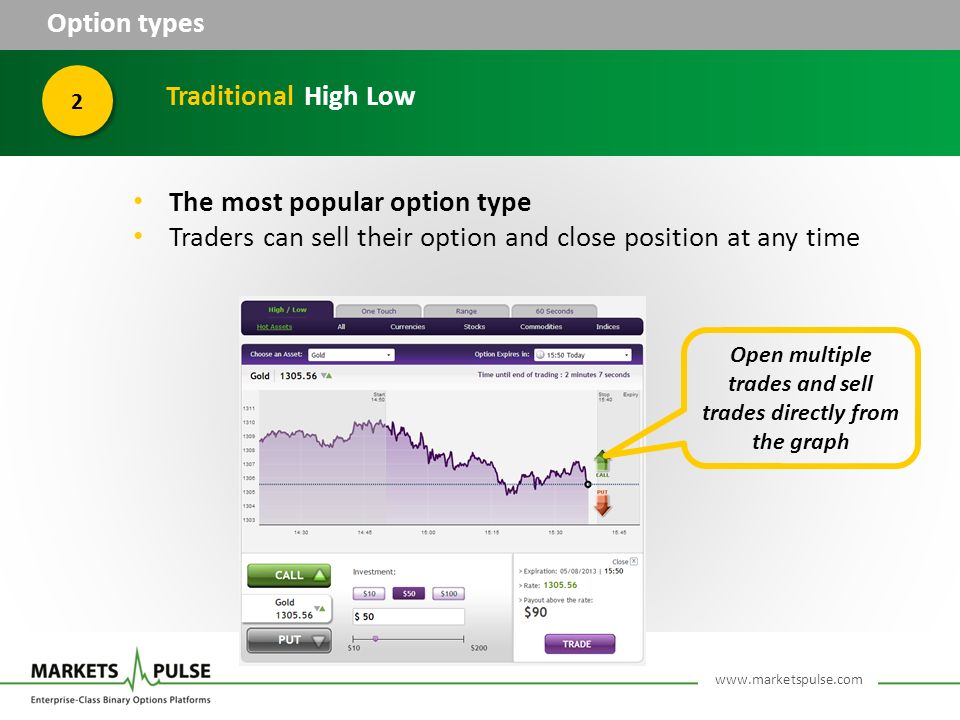 Option types 2 Traditional High Low The most popular option type Traders can sell their option and close position at any time Open multiple trades and sell trades directly from the graph