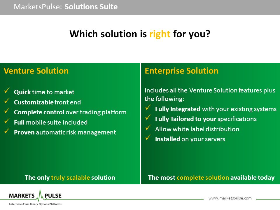 MarketsPulse: Solutions Suite Venture Solution Quick time to market Customizable front end Complete control over trading platform Full mobile suite included Proven automatic risk management Which solution is right for you.