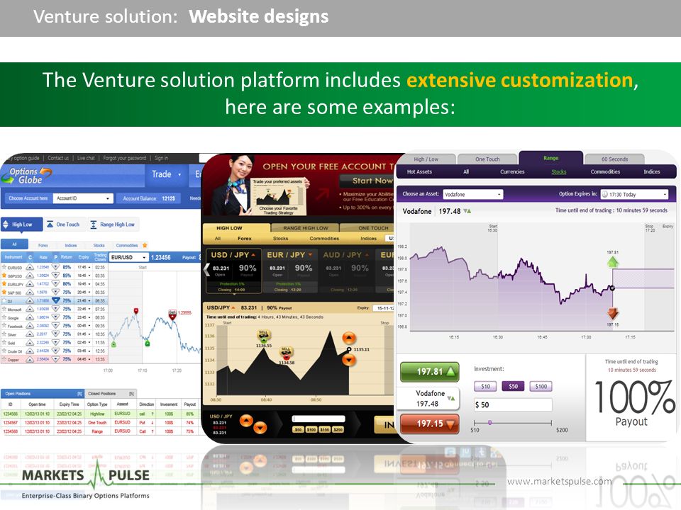 Venture solution: Website designs The Venture solution platform includes extensive customization, here are some examples: