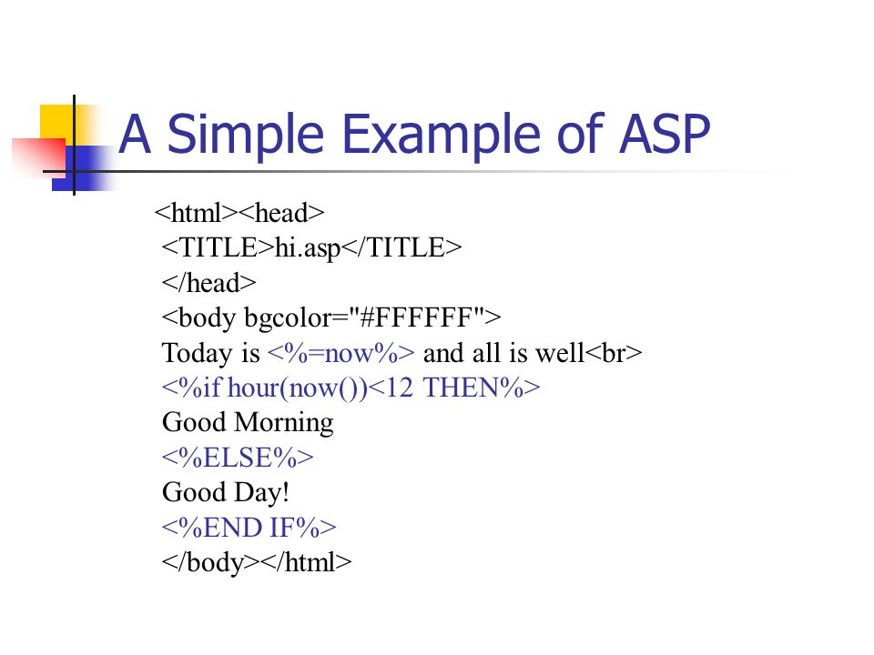 A Simple Example of ASP hi.asp Today is and all is well Good Morning Good Day!