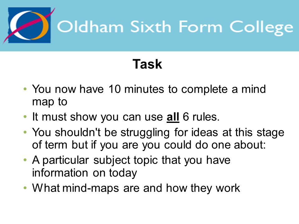 Task You now have 10 minutes to complete a mind map to It must show you can use all 6 rules.