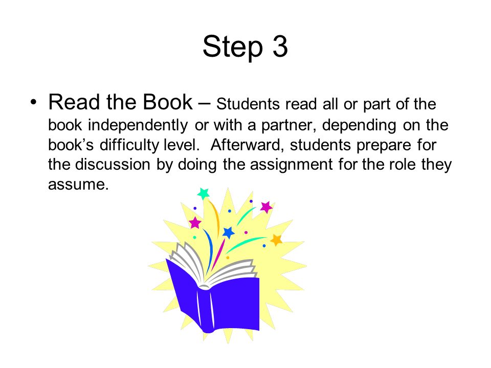 Step 3 Read the Book – Students read all or part of the book independently or with a partner, depending on the book’s difficulty level.
