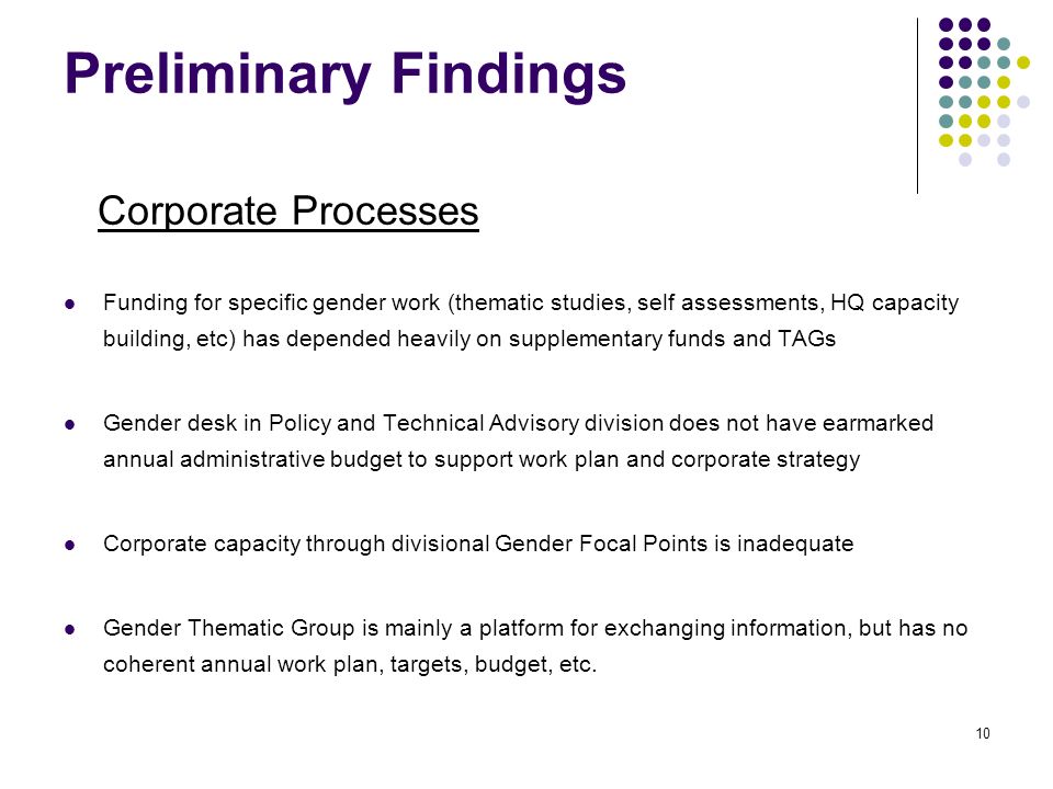 10 Preliminary Findings Corporate Processes Funding for specific gender work (thematic studies, self assessments, HQ capacity building, etc) has depended heavily on supplementary funds and TAGs Gender desk in Policy and Technical Advisory division does not have earmarked annual administrative budget to support work plan and corporate strategy Corporate capacity through divisional Gender Focal Points is inadequate Gender Thematic Group is mainly a platform for exchanging information, but has no coherent annual work plan, targets, budget, etc.