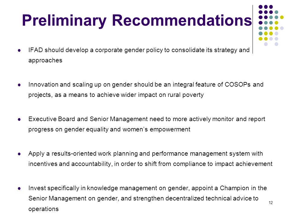 Preliminary Recommendations IFAD should develop a corporate gender policy to consolidate its strategy and approaches Innovation and scaling up on gender should be an integral feature of COSOPs and projects, as a means to achieve wider impact on rural poverty Executive Board and Senior Management need to more actively monitor and report progress on gender equality and women’s empowerment Apply a results-oriented work planning and performance management system with incentives and accountability, in order to shift from compliance to impact achievement Invest specifically in knowledge management on gender, appoint a Champion in the Senior Management on gender, and strengthen decentralized technical advice to operations 12